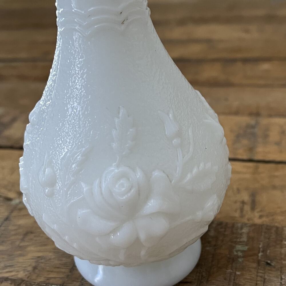 Imperial Milk Glass Bud Vase Embossed Roses Ruffled Scalloped Rim - Picture 8 of 12